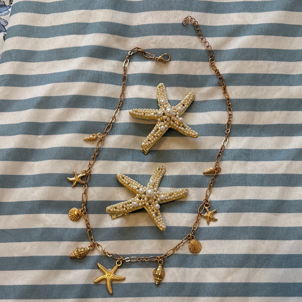 Gold Starfish Necklace and Hair Clip Set